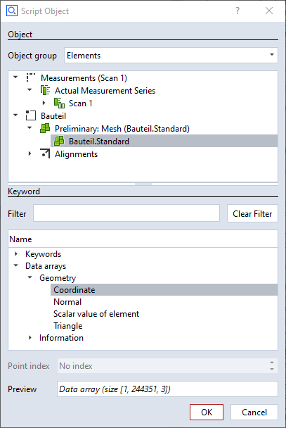 Script Object, Object Group: Elements, Part/Mesh, Keyword: Data arrays/Geometry/Coordinate