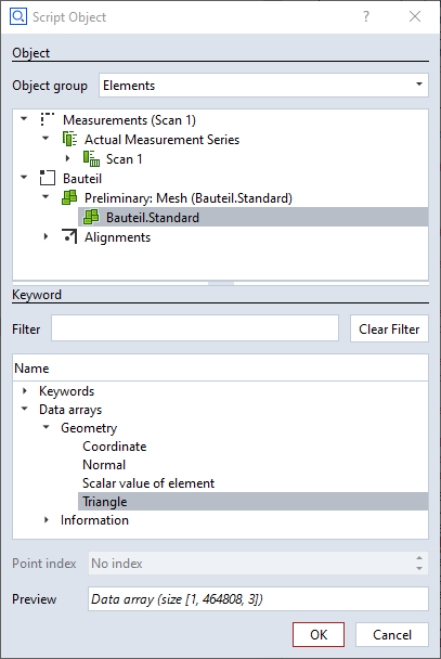 Script Object, Object Group: Elements, Part/Mesh, Keyword: Data arrays/Geometry/Triangle