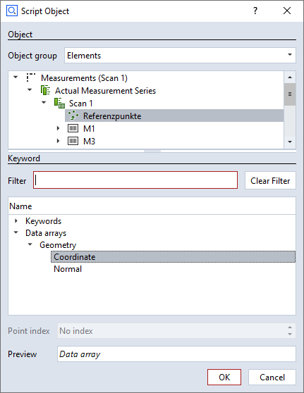 Script Object, Object Group: Elements, Measurements/Actual Measurements Series/Scan 1/Referenzpunkte, Keyword: Data arrays/Geometry/Coordinate