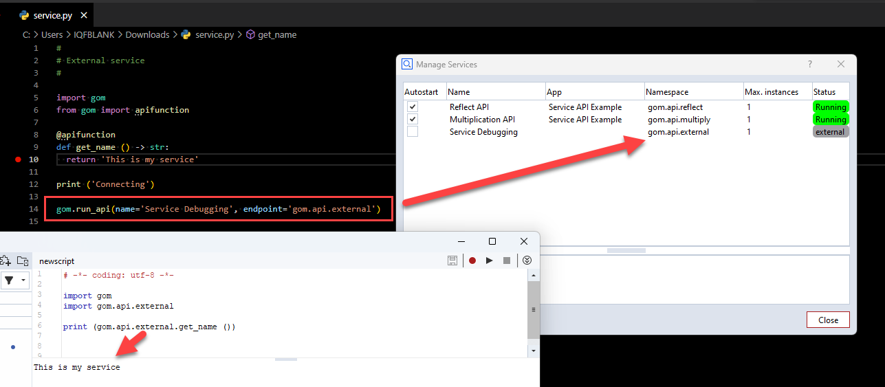 Debugging a service