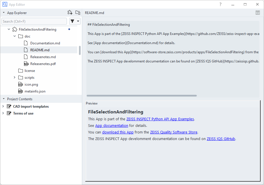ZEISS INSPECT App editor with Markdown viewer