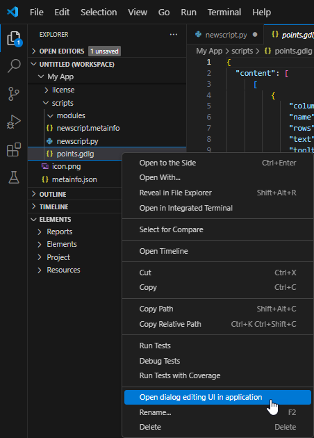 Open dialog editing UI in Application
