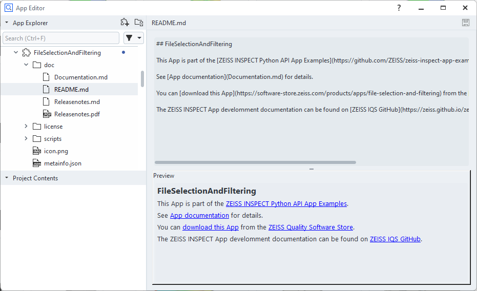 ZEISS INSPECT App editor with Markdown viewer