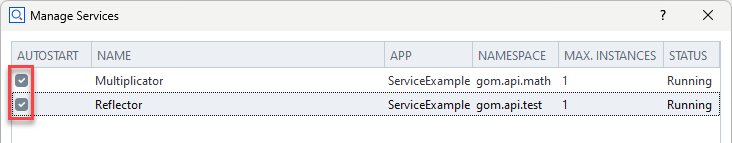 Autostart configuration in the Manage Services dialog